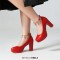 Round Toe Chunky Heels Ankle Buckle Crystal Straps Low Platforms Pumps - Red