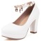 Round Toe Chunky Heels Ankle Buckle Crystal Straps Low Platforms Pumps - White