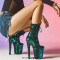 Round Toe Stiletto Heels Bling Sequin Lace Up Ankle Highs Platforms Boots - Green Faux Leather