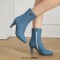 Pointed Toe Kitten Heels Ankle Highs Side Zipper Denim Booties - Blue