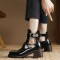 Round Toe Belt Buckles Chunky Heels British Style Retro Ankle Highs Boots - Black Leather