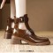 Round Toe Belt Buckles Chunky Heels British Style Retro Ankle Highs Boots - Brown Leather