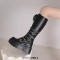 Round Toe Platforms Heart Shape Buckle Straps Side Zipper Knee Highs Wedges Boots - Black