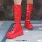 Round Toe Platforms Heart Shape Buckle Straps Side Zipper Knee Highs Wedges Boots - Red