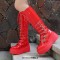 Round Toe Platforms Heart Shape Buckle Straps Side Zipper Knee Highs Wedges Boots - Red