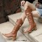 Pointed Toe Chunky Heels Knee Highs Flower Embroidery Pattern Western Cowgirl Boots - Brown