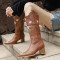 Pointed Toe Chunky Heels Knee Highs Flower Embroidery Pattern Western Cowgirl Boots - Brown