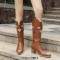 Pointed Toe Chunky Heels Knee Highs Flower Embroidery Pattern Western Cowgirl Boots - Brown