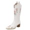 Pointed Toe Chunky Heels Knee Highs Flower Embroidery Pattern Western Cowgirl Boots - White