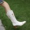 Pointed Toe Chunky Heels Knee Highs Flower Embroidery Pattern Western Cowgirl Boots - White