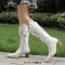 Pointed Toe Chunky Heels Knee Highs Flower Embroidery Pattern Western Cowgirl Boots - White