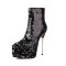 Pointed Toe Stiletto Metal Heels Bling Sequined Ankle Highs Platform Boots - Black Faux Leather