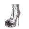 Pointed Toe Stiletto Metal Heels Bling Sequined Ankle Highs Platform Boots - Silver Faux Leather
