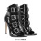 Stiletto Heels Peep Toe Ankle High Side Zipper Buckle Straps Sandals Booties - Black Patent