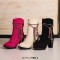 Round Toe Riband Decorated Ankle High Chunky Heels Boots - Rose Red