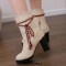 Round Toe Riband Decorated Ankle High Chunky Heels Boots - Apricot Tan