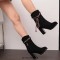 Round Toe Riband Decorated Ankle High Chunky Heels Boots - Black