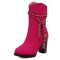 Round Toe Riband Decorated Ankle High Chunky Heels Boots - Rose Red