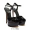 Peep Toe Fish Mouth Platforms Ankle Buckle Straps Stiletto Heels Smooth Sandals - Black Patent