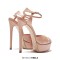 Peep Toe Fish Mouth Platforms Ankle Buckle Straps Stiletto Heels Smooth Sandals - Khaki Faux Leather