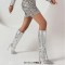 Pointed Toe Stiletto Heels Bling Sequin Side Zipper Knee Highs Boots - Silver Faux Leather