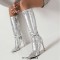 Pointed Toe Stiletto Heels Bling Sequin Side Zipper Knee Highs Boots - Silver Faux Leather