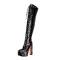 Pointed Toe Chunky Heels Bling Sequin Lace Up Thigh Highs Platforms Boots - Black Faux Leather