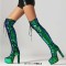 Pointed Toe Chunky Heels Bling Sequin Lace Up Thigh Highs Platforms Boots - Green Faux Leather