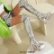 Pointed Toe Chunky Heels Bling Sequin Lace Up Thigh Highs Platforms Boots - Silver Faux Leather
