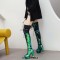 Round Toe Chunky Heels Bling Sequin Lace Up Thigh Highs Platforms Boots - Green Faux Leather