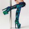 Round Toe Stiletto Heels Bling Sequin Lace Up Thigh Highs Platforms Boots - Green Faux Leather