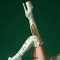 Round Toe Stiletto Heels Bling Sequin Lace Up Thigh Highs Platforms Boots - White Faux Leather