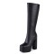 Square Toe Chunky Heels Platforms Side Zipper Knee Highs Crocodile Pattern Boots - Black