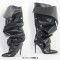 Pointed Toe Pleated Stiletto Heels Back Zipper Fashion Buttons Removable Boots - Black Faux Leather