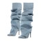 Pointed Toe Pleated Stiletto Heels Back Zipper Fashion Buttons Removable Boots - Blue Felt Fabric
