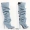 Pointed Toe Pleated Stiletto Heels Back Zipper Fashion Buttons Removable Boots - Blue Felt Fabric