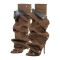 Pointed Toe Pleated Stiletto Heels Back Zipper Fashion Buttons Removable Boots - Brown Felt Fabric