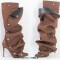 Pointed Toe Pleated Stiletto Heels Back Zipper Fashion Buttons Removable Boots - Brown Felt Fabric