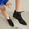 Pointed Toe Low Heels Side Zipper Lace Up Sequined Ankle Highs Loafers - Gold