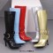 Pointed Toe Chunky Heels Side Zipper Knee Highs Ankle Decorated Straps Elegant Boots - Gold