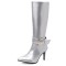Pointed Toe Chunky Heels Side Zipper Knee Highs Ankle Decorated Straps Elegant Boots - Silver