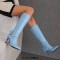 Pointed Toe Chunky Heels Side Zipper Knee Highs Ankle Decorated Straps Elegant Boots - SkyBlue