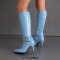 Pointed Toe Chunky Heels Side Zipper Knee Highs Ankle Decorated Straps Elegant Boots - SkyBlue