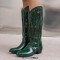 Pointed Toe Chunky Low Heels Knee Highs Tassel Western Cowboy Festival Boots - Green