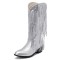 Pointed Toe Chunky Low Heels Knee Highs Tassel Western Cowboy Festival Boots - Silver