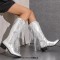 Pointed Toe Chunky Low Heels Knee Highs Tassel Western Cowboy Festival Boots - Silver