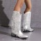 Pointed Toe Chunky Low Heels Knee Highs Tassel Western Cowboy Festival Boots - Silver