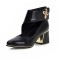 Pointed Toe Chunky Heels Metal Decal Hollowed Ankle Straps Pumps - Black Faux Leather