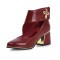 Pointed Toe Chunky Heels Metal Decal Hollowed Ankle Straps Pumps - Wine Faux Leather