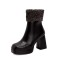 Square Toe Chunky Heels Side zipper Turned Over Short Plush Ankle Highs Boots - Black Faux Leather